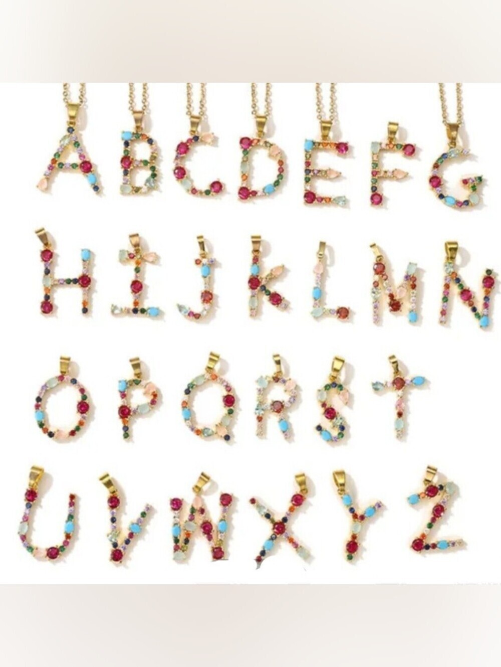 Initial Pendant Necklace Multi-color Rhinestones Gold Tone Chain